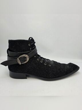 John Fluevog Donita Swordfish Glitter Ankle Boots - Black/Silver, Size 10
